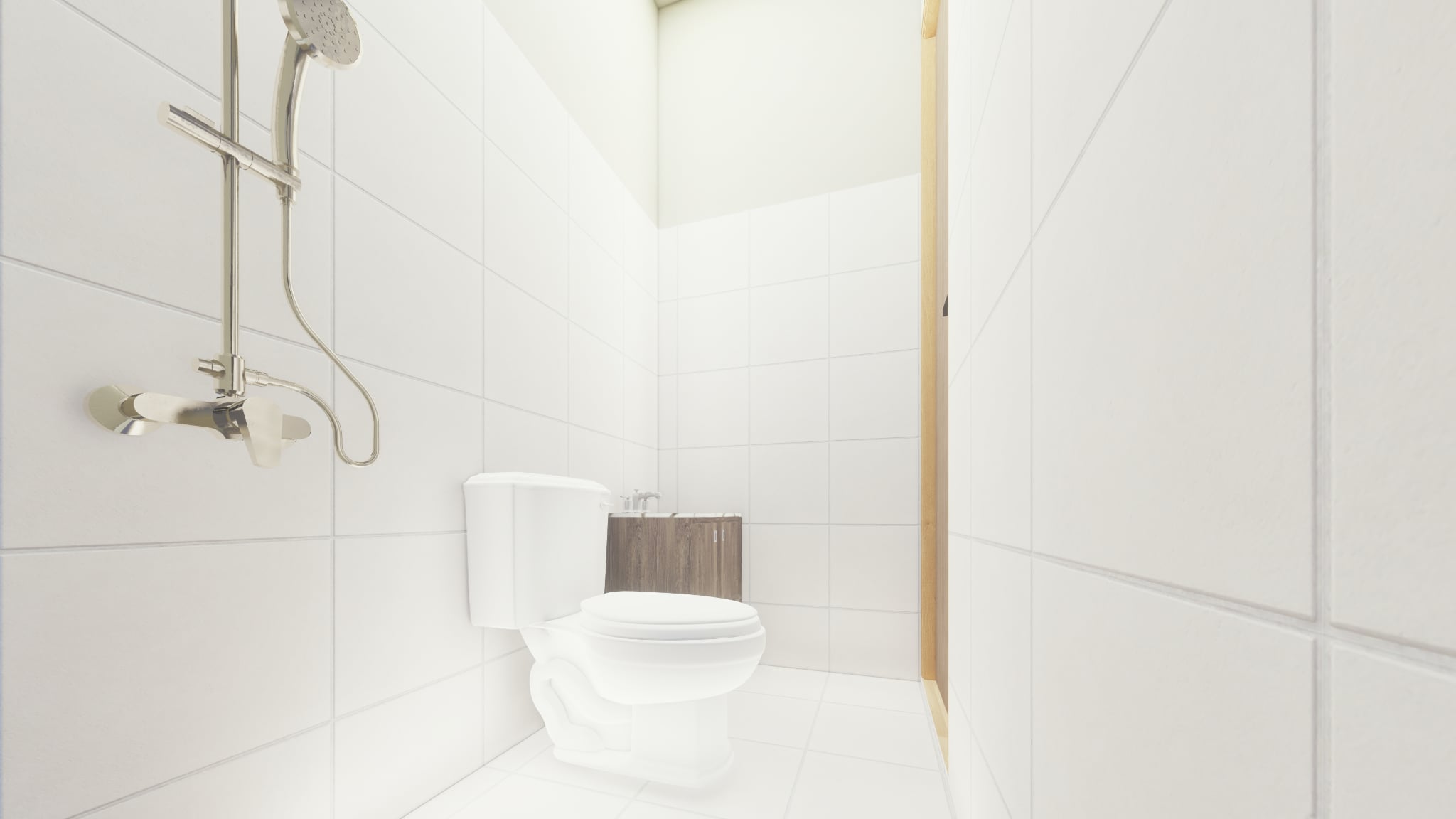 Clean white bathroom with dark wood vanity