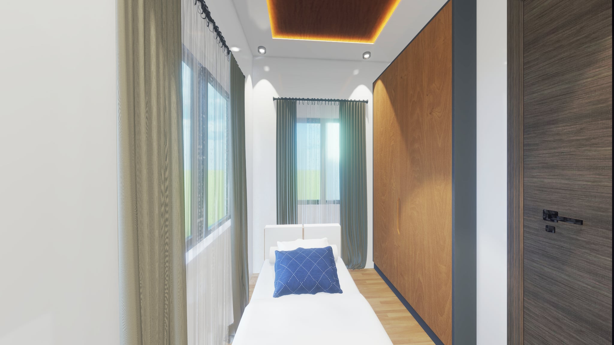 Secondary bedroom with teal curtains and wood accent wall