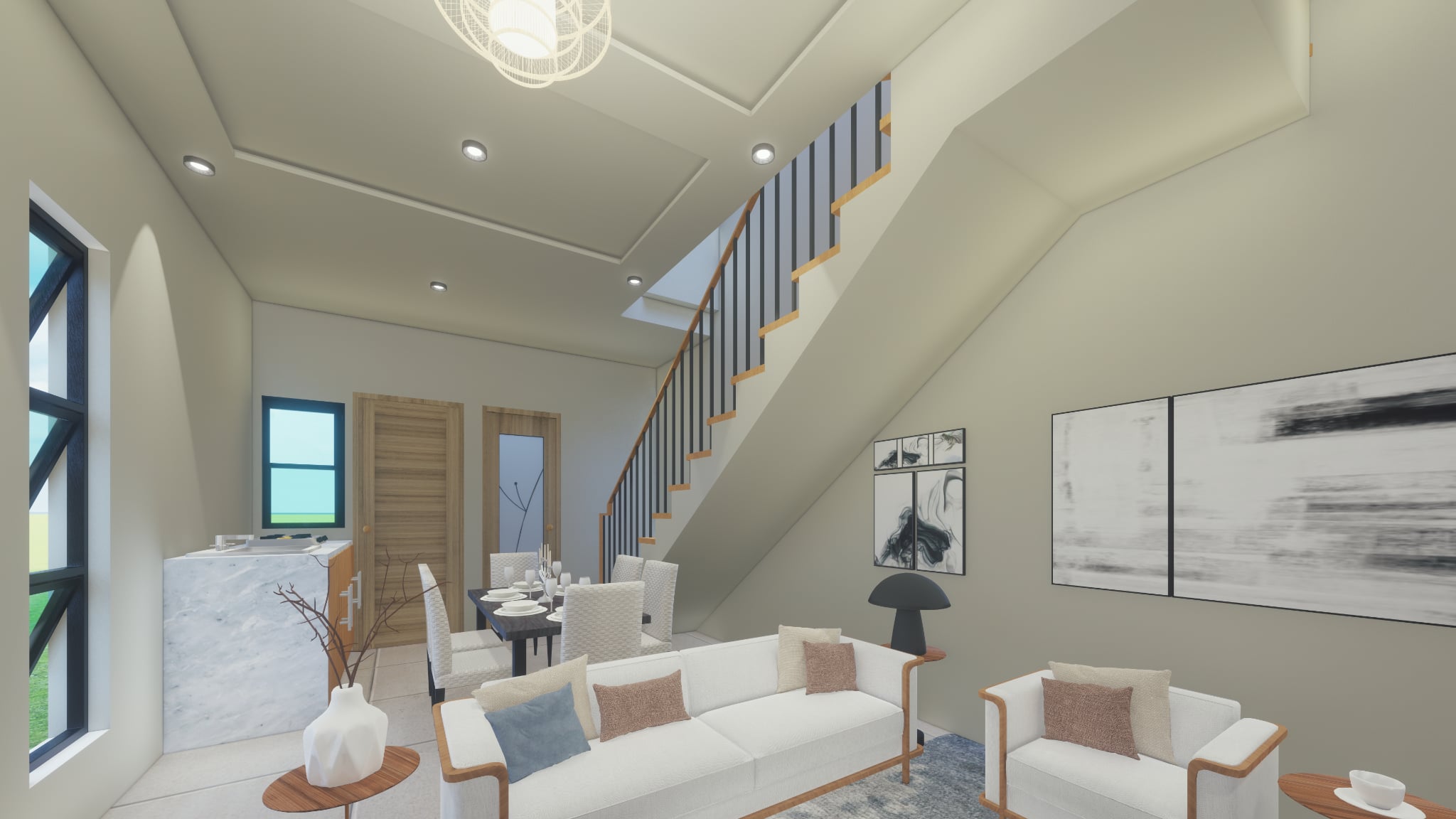Modern kitchen with wood cabinets and open dining area
