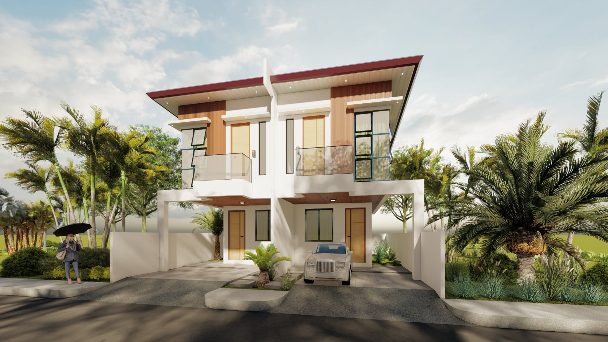 Sampaguita Heights — full duplex facade with tropical landscaping